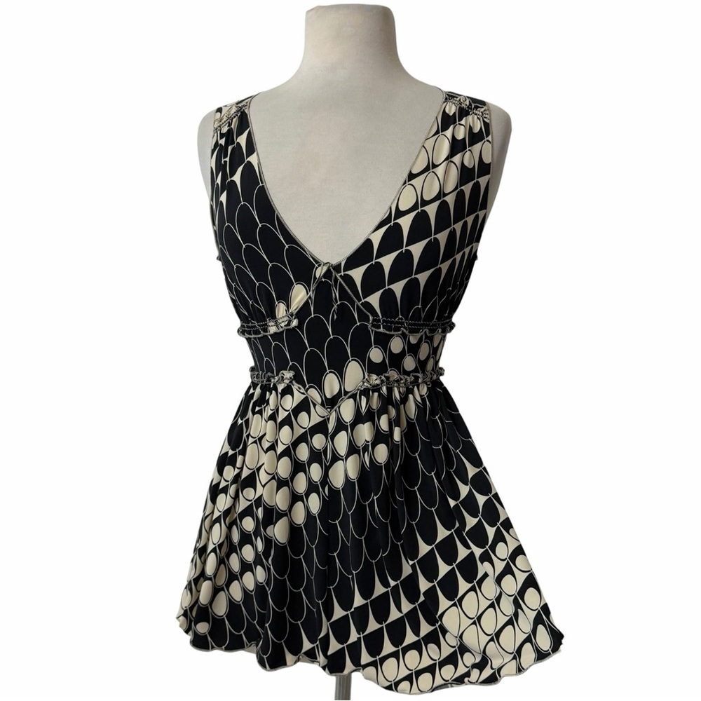 VTG Art Deco Scallop Print Smocked Empire Waist Babydoll Sleeveless Top Small